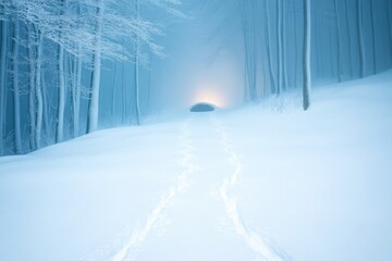 Poster - creative capture of faint animal tracks in freshly fallen snow leading to hidden den in forest with soft lighting creating