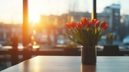 Poster - A vibrant bouquet of tulips stands in a vase on a table. The soft morning sunlight illuminates the flowers, creating a warm atmosphere in a cozy indoor setting during spring.