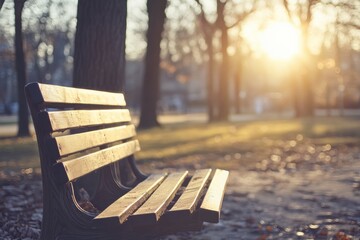Poster - Sunset view of a park bench surrounded by trees and fallen leaves in autumn serenity. Generative AI