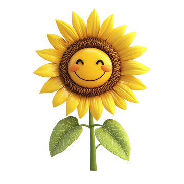 PNG Happy Smiling Sunflower 3D Render Against Transparent Background for Cheerful Floral Designs, Whimsical Illustrations, or Nature-Inspired Graphics.