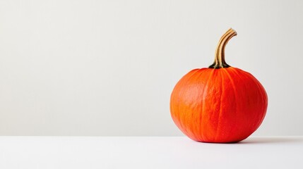 Poster - minimalist photo of vibrant orange pumpkin resting on pristine white surface with soft lighting and ample copy space