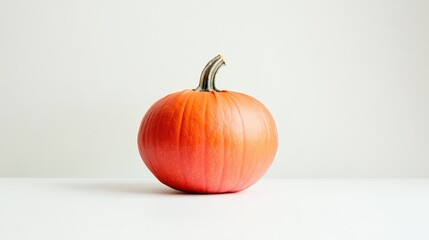 Poster - minimalist photo of vibrant orange pumpkin resting on pristine white surface with soft lighting and ample copy space