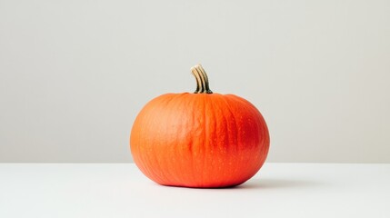 Poster - minimalist photo of vibrant orange pumpkin resting on pristine white surface with soft lighting and ample copy space