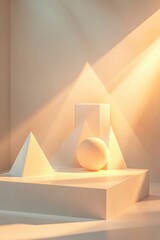 Poster - modern podium made of geometric shapes including triangles and circles illuminated under dynamic lighting with wide
