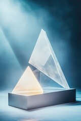 Poster - modern podium made of geometric shapes including triangles and circles illuminated under dynamic lighting with wide