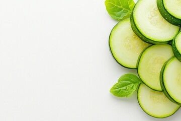 Poster - vibrant photo of sliced zucchini arranged in fanned-out pattern on smooth white background with ample copy space