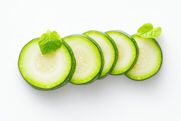 Poster - vibrant photo of sliced zucchini arranged in fanned-out pattern on smooth white background with ample copy space