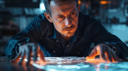 Leinwandbilder - Focused man studies a glowing map on a surface, surrounded by a darkened environment filled with technology and details that suggest intense problem solving or exploration.