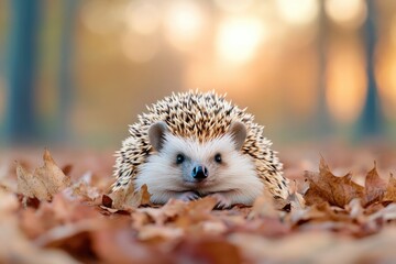 Poster - adorable photo of hedgehog curled up in hibernation surrounded by dry leaves and soft light creating