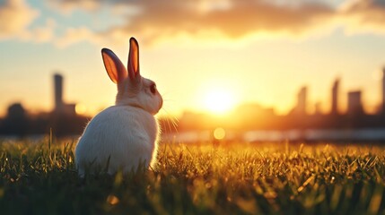 Aufkleber - A fluffy bunny sits in a grassy field, gazing at a vibrant sunset with a city skyline in the background. The warm colors of twilight create a serene atmosphere perfect for Easter celebrations.