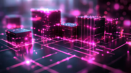 Aufkleber - A digital landscape featuring glowing pink cubes and interconnected lines, creating a futuristic and abstract design