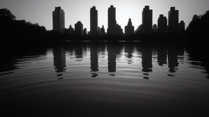 Poster - A serene black-and-white cityscape reflecting tall buildings in calm water, creating a tranquil and artistic atmosphere
