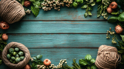Poster - A rustic wooden background surrounded by twine, green foliage, and decorative elements, creating a natural and inviting atmosphere