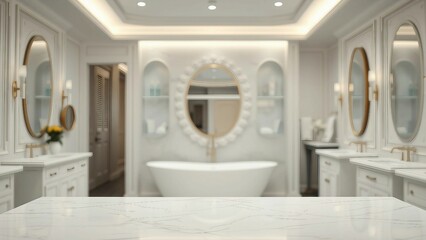 Wall Mural - White bathroom interior Empty marble table top for product display with blurred bathroom interior