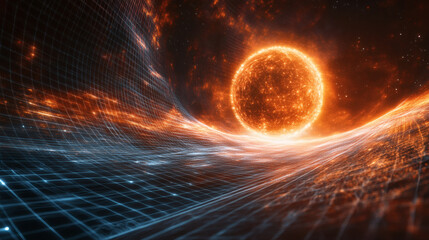 Poster - A vibrant cosmic scene depicts a glowing sun amidst a digital landscape, blending elements of space and technology in a mesmerizing display