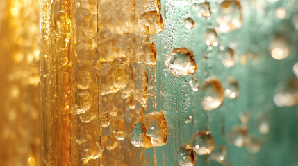 Fototapete - A close-up of colorful droplets on a textured surface, showcasing a blend of warm and cool tones, creating an abstract yet captivating effect