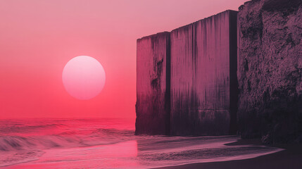 Poster - A serene beach scene featuring a large sun setting against a pink sky, with a rugged wall rising from the shoreline