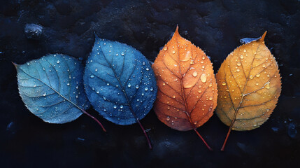 Poster - Four vibrant leaves in blue, orange, and yellow shades, adorned with droplets, rest against a dark background, showcasing nature's beauty