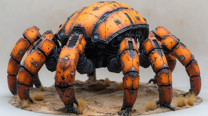 Poster - A futuristic, robotic spider with orange and black detailing, positioned on a sandy surface, showcasing intricate design and mechanical features
