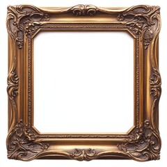 Elegant traditional frame with filigree-style brass details, rich brown wood, isolated on a white background