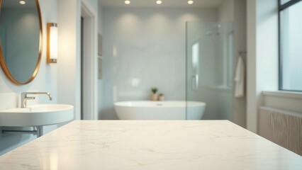 Wall Mural - White bathroom interior Empty marble table top for product display with blurred bathroom interior