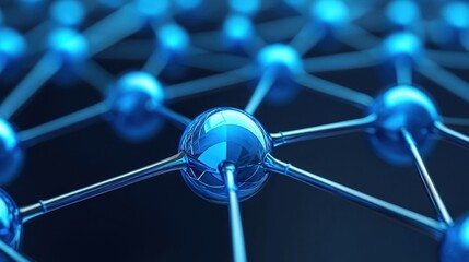 Poster - abstract 3d rendering of a network of interconnected blue spheres and metallic rods against a dark b