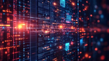 Abstract tech background with digital circuits, glowing data patterns, and futuristic symbols 