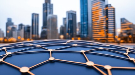 Poster - abstract network sphere with golden nodes and connections against a blurred cityscape background. th