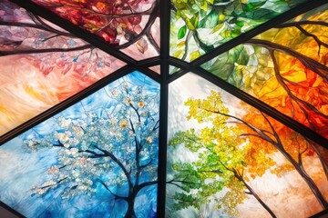 Poster - Stained Glass Depicting the Four Seasons of a Tree