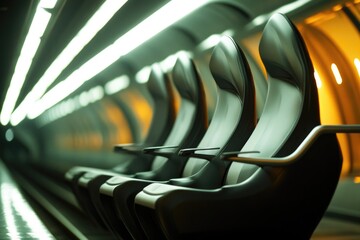 Poster - close-up shot of empty modern metro train interior with sleek seats and clean handrails bathed in soft artificial lighting