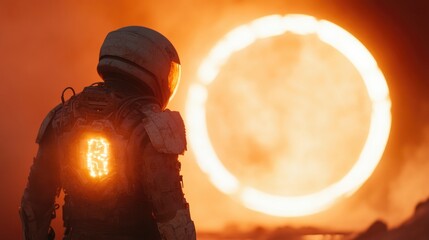 Aufkleber - dramatic view of humanoid alien standing in front of glowing portal their biotechnological suit radiating energy with