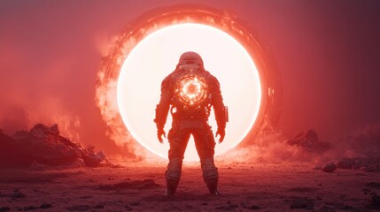 Aufkleber - dramatic view of humanoid alien standing in front of glowing portal their biotechnological suit radiating energy with