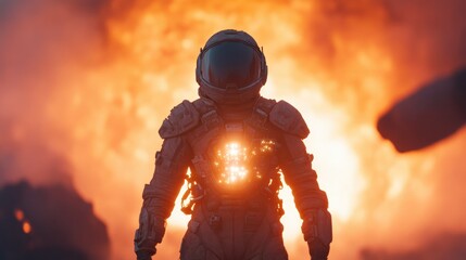 Aufkleber - dramatic view of humanoid alien standing in front of glowing portal their biotechnological suit radiating energy with