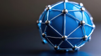 Poster - close up view of a blue sphere with a silver metallic network structure. the sphere sits on a dark b