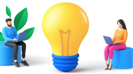 Poster - Two individuals sit on colorful platforms using laptops, flanking a large, illuminated lightbulb symbolizing innovation and collaboration. The scene
