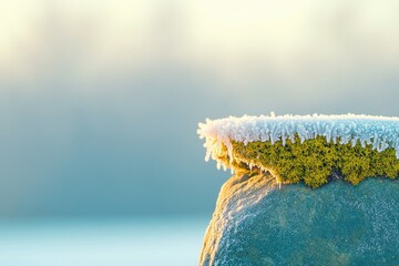 Poster - macro shot of frost-covered moss on stone intricate details highlighted by soft natural light providing textured yet
