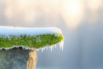 Poster - macro shot of frost-covered moss on stone intricate details highlighted by soft natural light providing textured yet