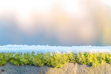 Poster - macro shot of frost-covered moss on stone intricate details highlighted by soft natural light providing textured yet