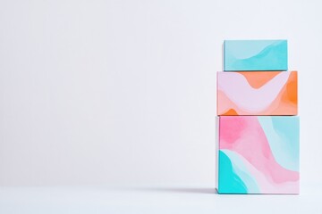 Poster - minimalist studio shot of stack of board game boxes with vibrant artwork displayed on solid white background