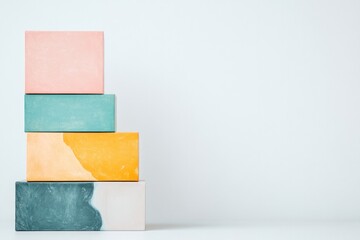 Poster - minimalist studio shot of stack of board game boxes with vibrant artwork displayed on solid white background