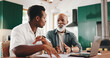 © peopleimages.com - Father, son and help with bills in home for finance paperwork, advice or mortgage application with senior. Budget document, men or discussion for loan, debt or teaching investment with African family
