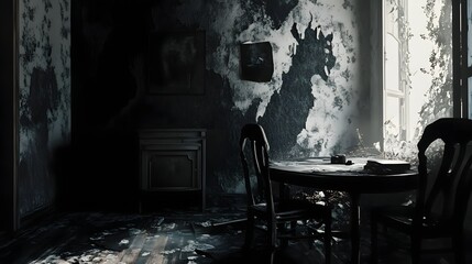 Poster - Dark and Eerie Abandoned Room with Furniture and Broken Window