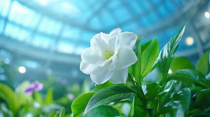 Poster - A close up view of a white flower in full bloom, with vibrant green leaves surrounding it, set against a blurred background. Soft, diffused lighting