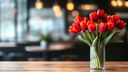 Poster - A vibrant bouquet of red and yellow tulips sits in a clear glass vase on a wooden table. The background features warm lighting and a modern decor, creating a festive spring atmosphere.