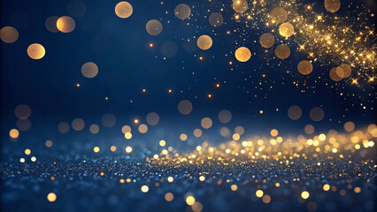 Wall Mural - A mesmerizing display of golden bokeh lights shimmering against a deep blue backdrop, evoking a sense of celebration and wonder.
