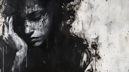 Leinwandbilder - Dark Moody Portrait with Expressive Face and Brushstrokes in Atmospheric Monochrome Setting
