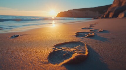Poster - A closeup view of footprints etched in soft sand as the sun sets on the horizon, casting golden hues across the tranquil beach, inviting thoughts of connection and journey