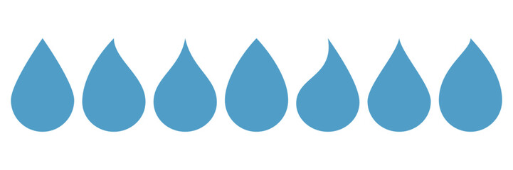 Poster - Set of water droplet icon. Drop Blue silhouette. Rain drops various shapes isolated on white. Element for logo, sticker, cosmetic package, forecast graphic Design