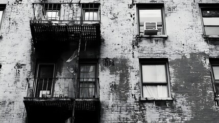 Aufkleber - Decaying Urban Building with Weathered Balconies and Crumbling Facade in Monochrome