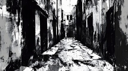 Aufkleber - Decrepit narrow alley in an abandoned urban area with crumbling dilapidated buildings worn cobblestone pavement and an overall atmosphere of neglect and